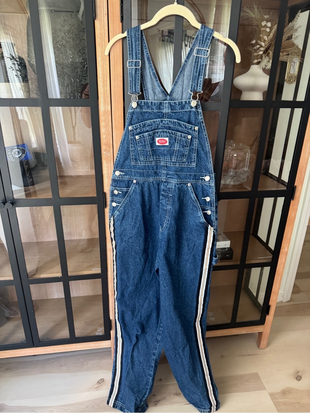 Vintage y2k Revolt Denim Overalls Side Stripe Wide Leg medium wash Jeans utility